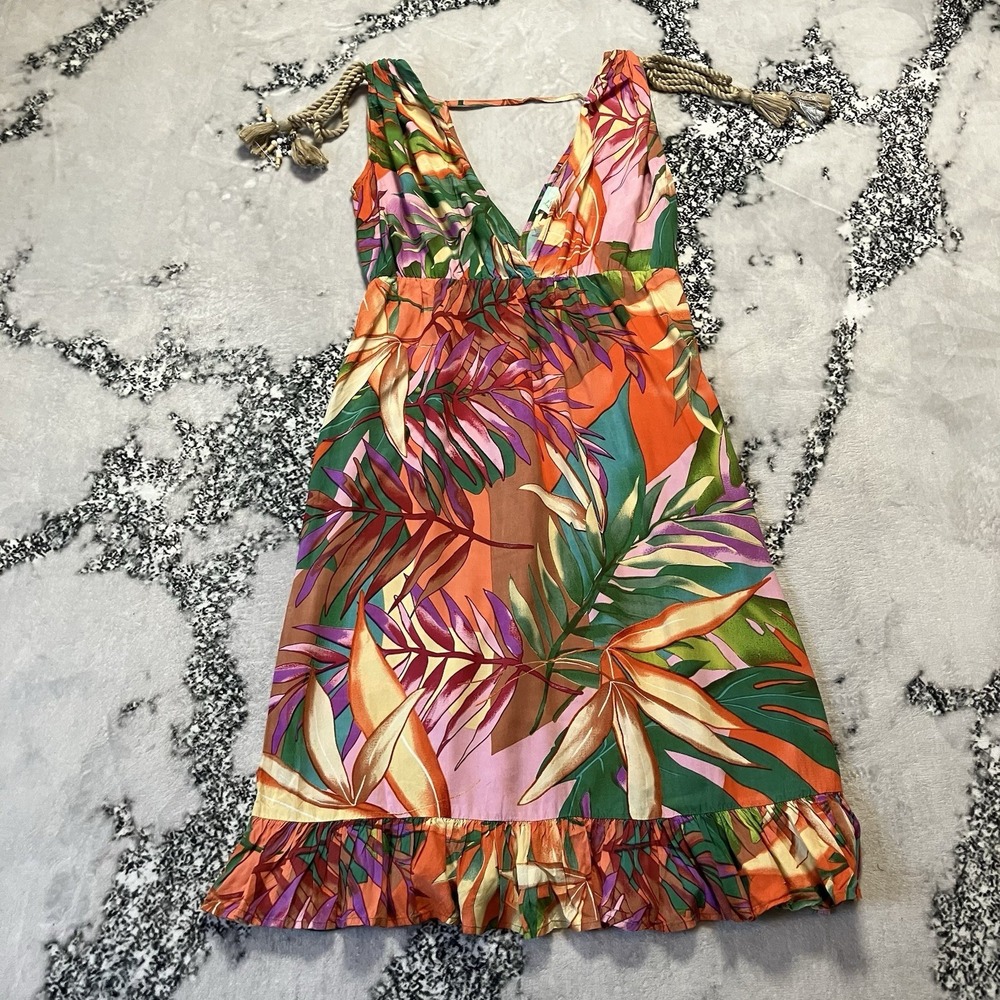 True Destinations Tropical Sundress Sz L Deep V-neck rope straps ruffled hem